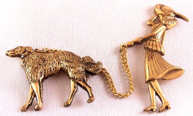 SJ7 Coro lady walking dog chatelaine pin